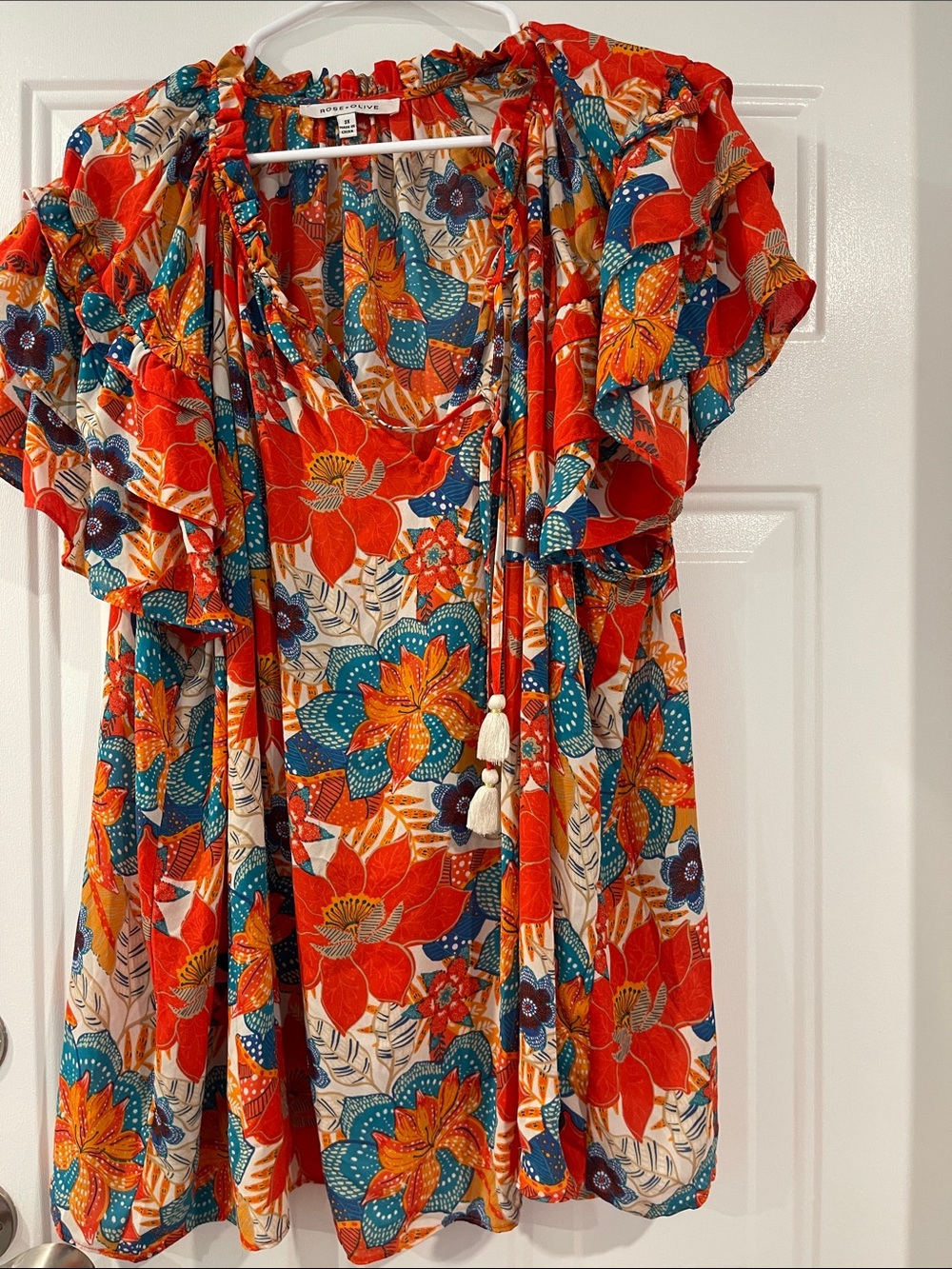 Rose & Olive Floral Peasant Top in Red and Teal